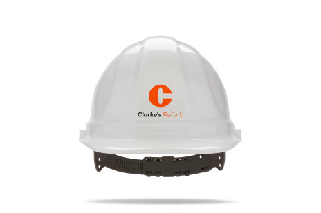 Clarke's Refurb branded hard hat