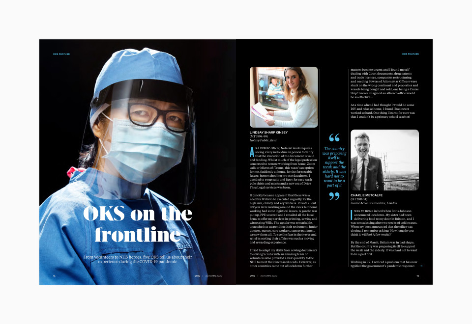King's School OKS Magazine layout for the OKS On The Frontline feature