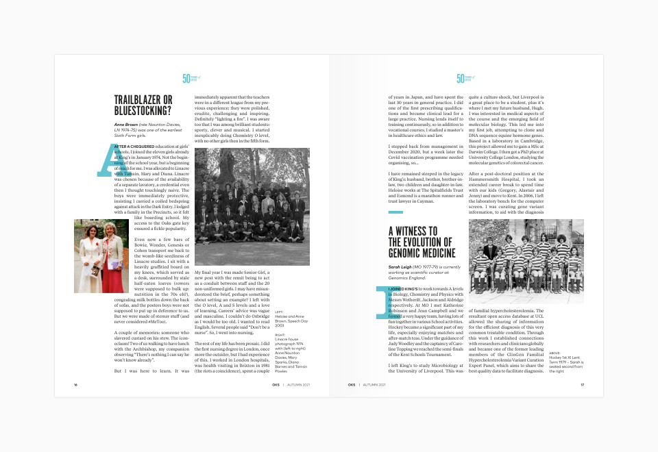 King's School OKS Magazine layout for the 50 Years of Co-Ed feature