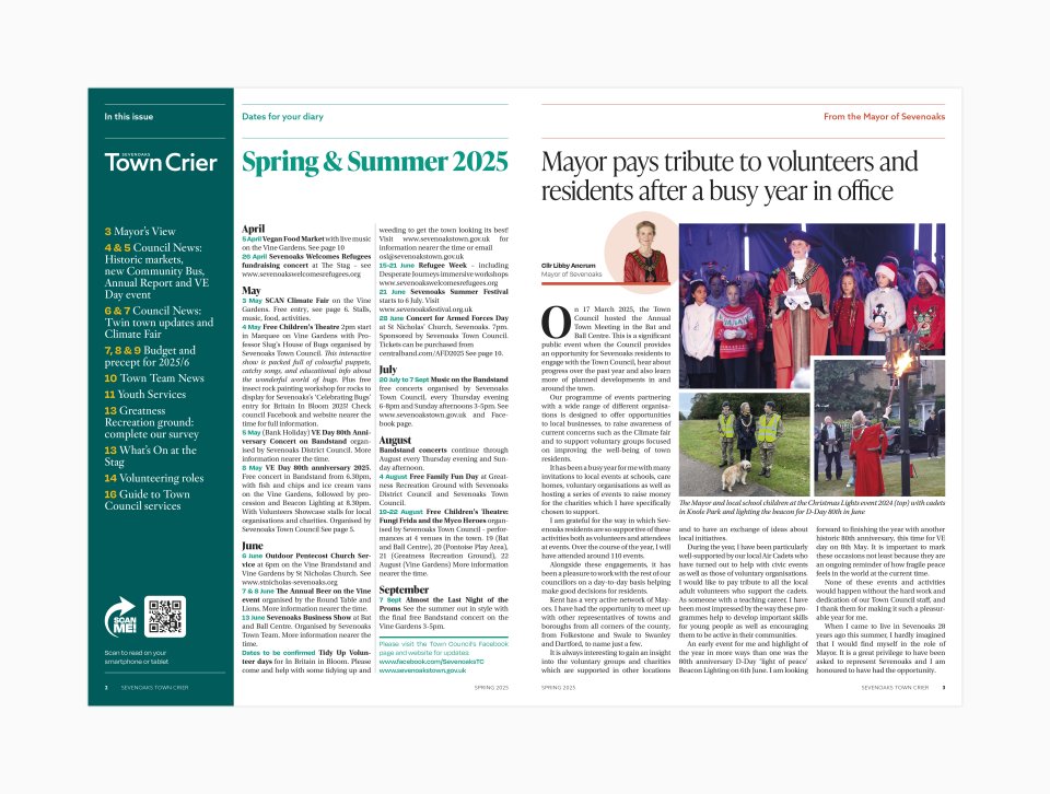 Sevenoaks Town Council 'Town Crier' magazine layout showing the contents and editorial pages